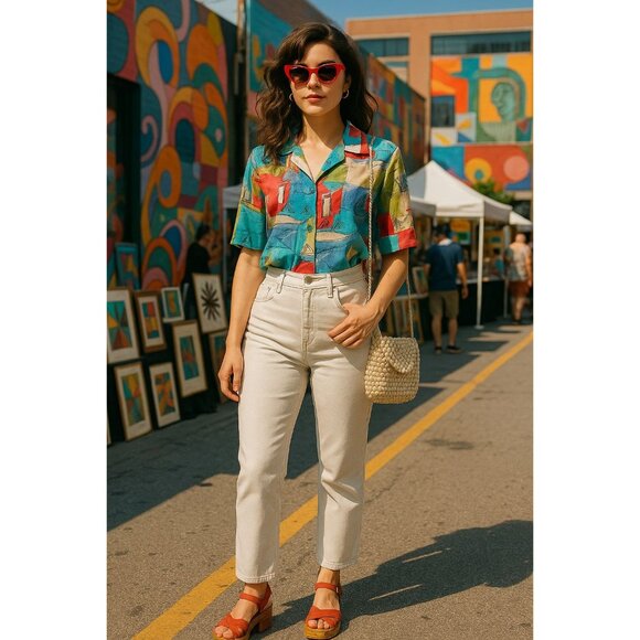 Alfred Dunner 12 Abstract Print Shirt Boldwear Retro Colorblock Artwear Blouse - Picture 3 of 13